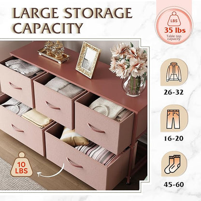 WLIVE Dresser for Bedroom with 5 Drawers, Wide Chest of Drawers, Fabric Dresser, Storage Organization Unit with Fabric Bins for Closet, Living Room, Hallway, Pink and Rose Gold