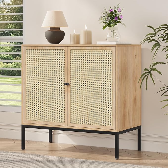 Yechen Set of 2 63" Sideboard Cabinet with Natural Rattan Doors, Buffet Console & Accent Cabinet, Rattan Credenza Storage with Metal Legs for Living Room, Kitchen, Dining Room