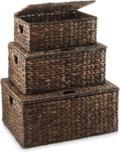 Casafield Set of 3 Water Hyacinth Rectangular Storage Baskets with Lids (Espresso - Small/Medium/Large) for Bedroom, Bathroom, Laundry, Home Office