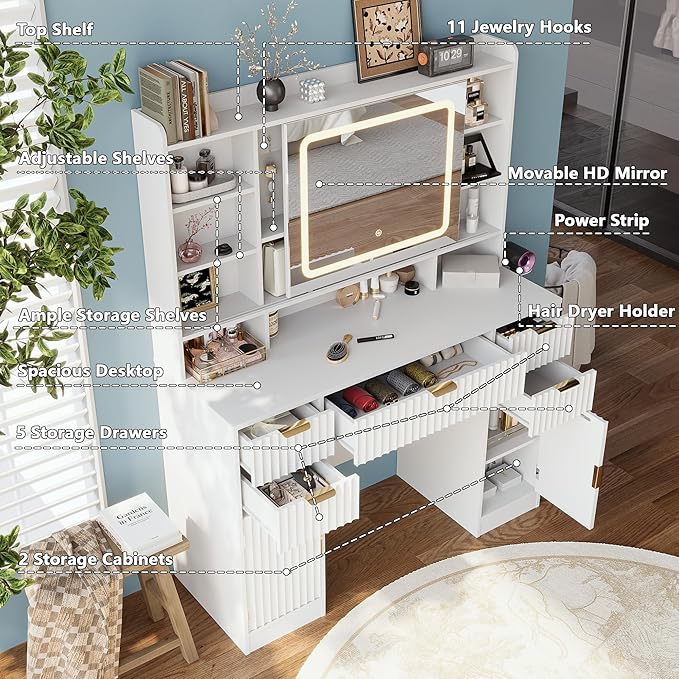 43.3" Fluted Vanity Desk with Mirror and Lights, Wood Makeup Vanity Desk with Charging Station & Mobile Mirror, Modern Dressing Table with Adjustable Shelves & Jewelry Hooks for Girls, Women, White
