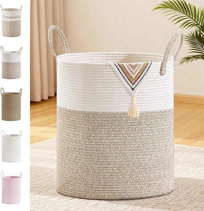 Tall Laundry Basket with Handles, 88L Portable Dirty Clothes Hamper, Boho Cotton Rope Storage Bin for Blankets Kids Toys Gifts, Large Organizer for Baby Nursery Bedroom Bathroom, Brown
