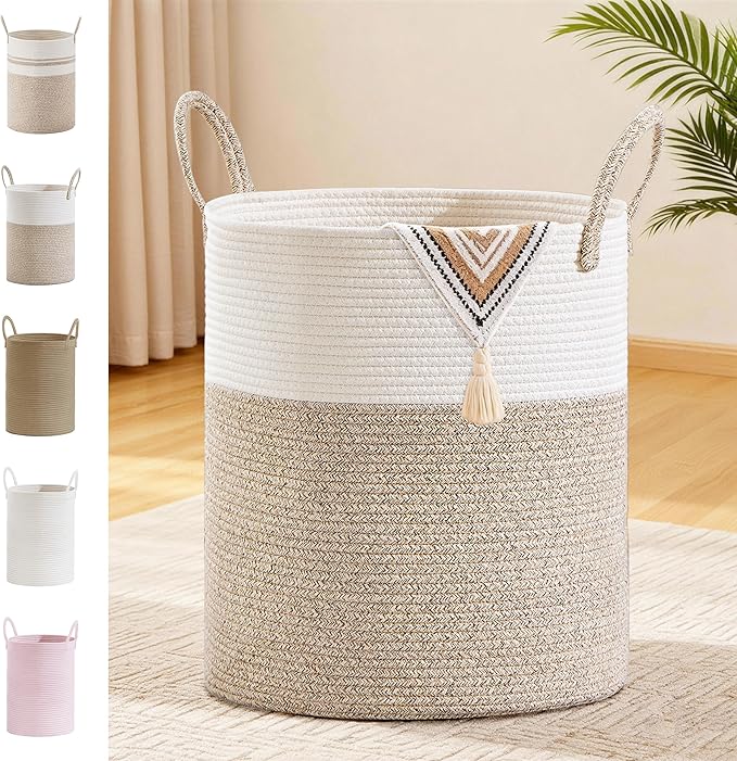 SunNewt Tall Laundry Basket with Handles, 88L Portable Dirty Clothes Hamper, Boho Cotton Rope Storage Bin for Blankets Kids Toys Gifts, Large Organizer for Baby Nursery Bedroom Bathroom, New Brown