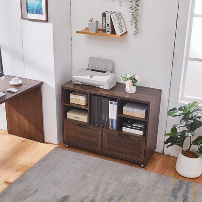 40" Farmhouse File Cabinet,Lateral File Cabinet with Wheels,Wood File Cabinet with shelve,Filing Cabinet with 2 Drawers for Legal/Letter/ A4 Size (Walnut)