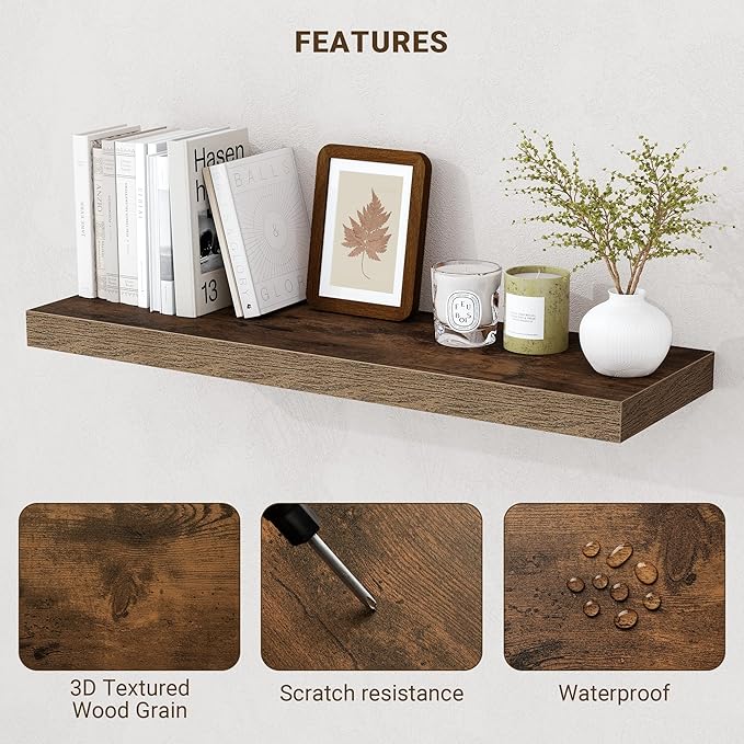 Acovy 72 Inch Floating Shelves, 3D Textured Wood Grain, 72"x9.25"x1.5" Inch Deep Floating Shelves for Wall, Wooden Shelves for Bathroom, Bedroom, Living Room, Brown, 1 Piece