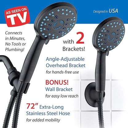 Hotel Spa AquaCare High Pressure 8-mode Handheld Shower Head - Anti-clog Nozzles, Built-in Power Wash to Clean Tub, Tile & Pets, Extra Long 6 ft. Stainless Steel Hose, Wall & Overhead Brackets