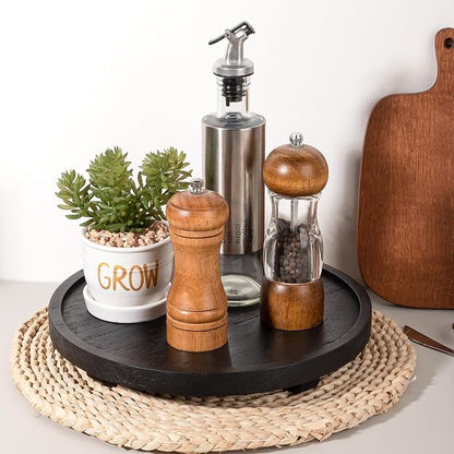 Round Decorative Tray Wood Bathroom Counter Organizer Farmhouse Kitchen Decor Wooden Riser for Soap Dish, Perfume, Candle, Sponge, 11" - Black