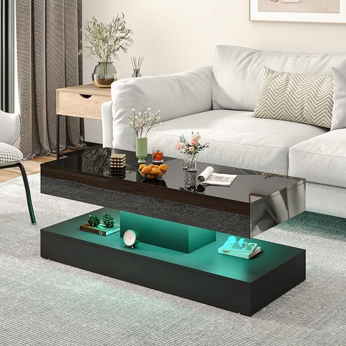 Uspeedy 47.3in Large High Glossy LED Coffee Table with 2 Storage Drawers,Black/White Modern Coffee Tables for Living Room,Living Room Tables,APP LED Lights (Black)