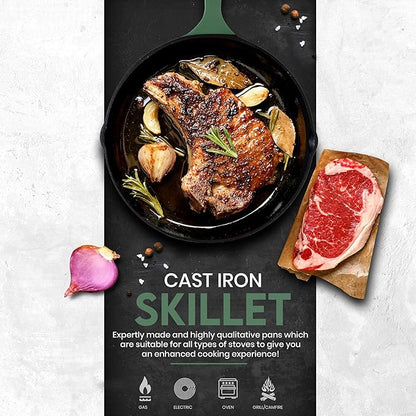 Utopia Kitchen Cast iron Skillets 3 Piece Set, Chefs Pan, Pre Seasoned Cast iron Skillets, 6, 8 & 10 Inches, Easy Use in the Oven, Stove, Grill, or Campfire, Green