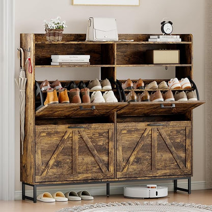 Shoe Cabinet Storage for Entryway, Shoe Storage Cabinet with 3 Flip Drawers, Freestanding Narrow Shoe Rack Organizer with Metal Legs for Foyer, Hallway, Brown