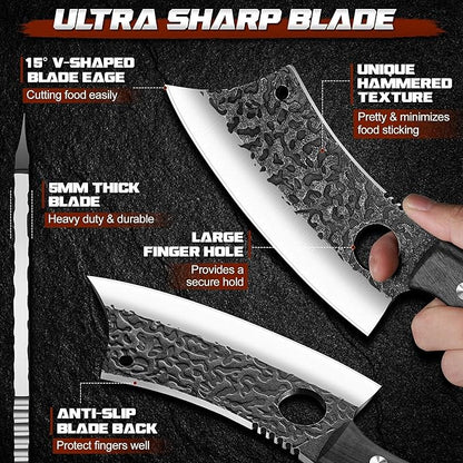 ROCOCO Meat Cleaver Butcher Knife - Sharp Full Tang Knife with Sheath for Home Outdoor BBQ Camping Mother Father Gift Idea Men Black 6.3"