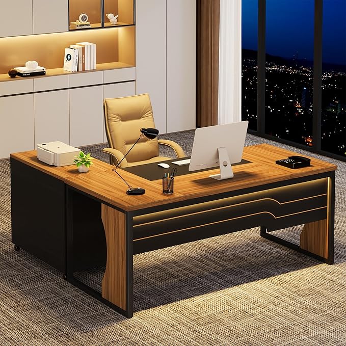 L Shaped Executive Computer Desk with Mobile File Cabinet and LED Light, 63 inch Large Office Table Business Furniture with Storage and Drawers for Home Office, Dark Walnut