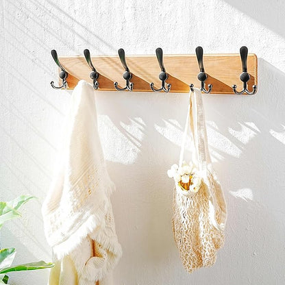 Dseap Coat Rack Wall Mounted - 24" Long 6 Tri Hooks, Heavy Duty Wooden Wall Coat Hanger Coat Hook for Clothes Hat Jacket Clothing, Weathered Yellow and Black
