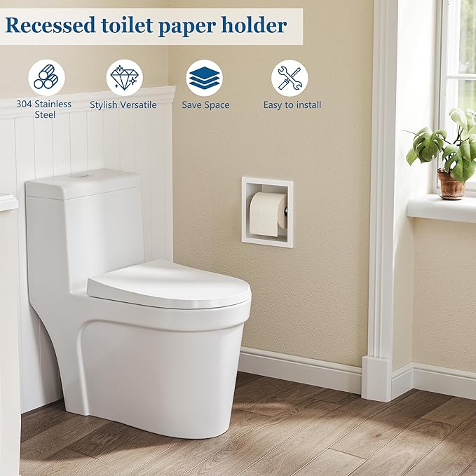 Neodrain Recessed Toilet Paper Holder - 304 Stainless Steel Built-in Wall Mount Bathroom Tissue Dispenser for Mega Rolls (White