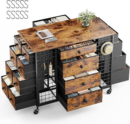 EnHomee 24 Drawers Dresser for Bedroom, Dressers & Chests of Drawers with 4 Wheels and 40" x 23" Wide Wooden Top, Metal Frame, Closet Island with Hooks, Cloakroom, Dressing Room, Rustic Brown