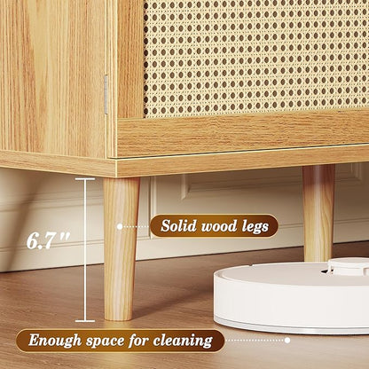 SUPERJARE Boho TV Stand for 65 Inch TV, Entertainment Center with Adjustable Shelf, Rattan TV Console with 2 Cabinets, Media Console, Solid Wood Feet, 4 Cord Holes, for Living Room - Natural