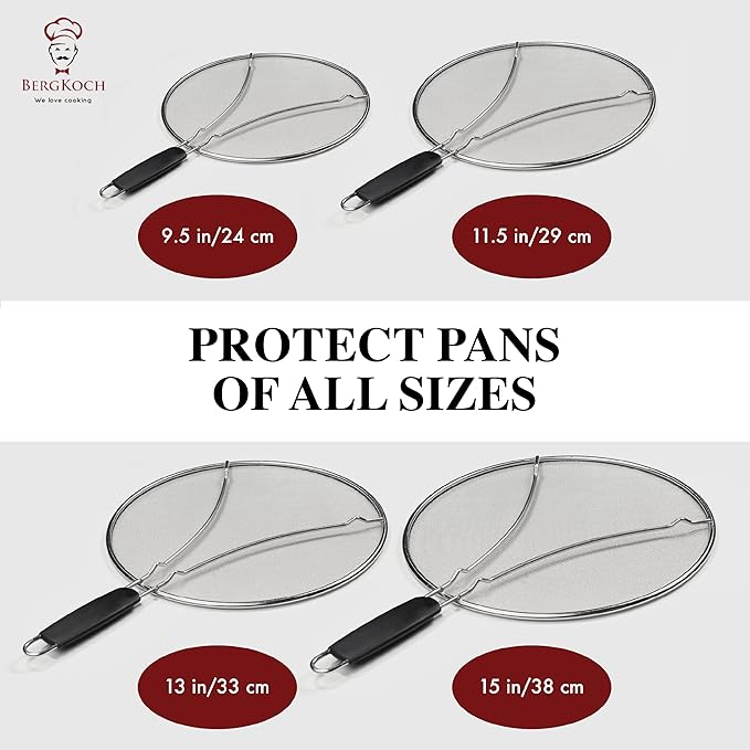 BergKoch Splatter Screen for Frying Pan - 9.5 Inch Stainless Steel Grease Splatter Guard - Cover Oil Splash when Sizzling Bacon, Cooking Fried Chicken or Popcorn