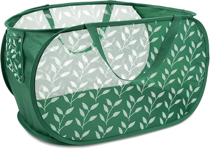 Durable Collapsible Laundry Baskets, Foldable Laundry Basket with Handy Pocket, Mesh Pop Up Clothes Hamper with Reinforced Carry Handles for Laundry, Bathroom, Kids Room, Travel -Leaf Print, Green