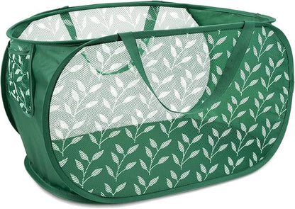 Durable Collapsible Laundry Baskets, Foldable Laundry Basket with Handy Pocket, Mesh Pop Up Clothes Hamper with Reinforced Carry Handles for Laundry, Bathroom, Kids Room, Travel -Leaf Print, Green