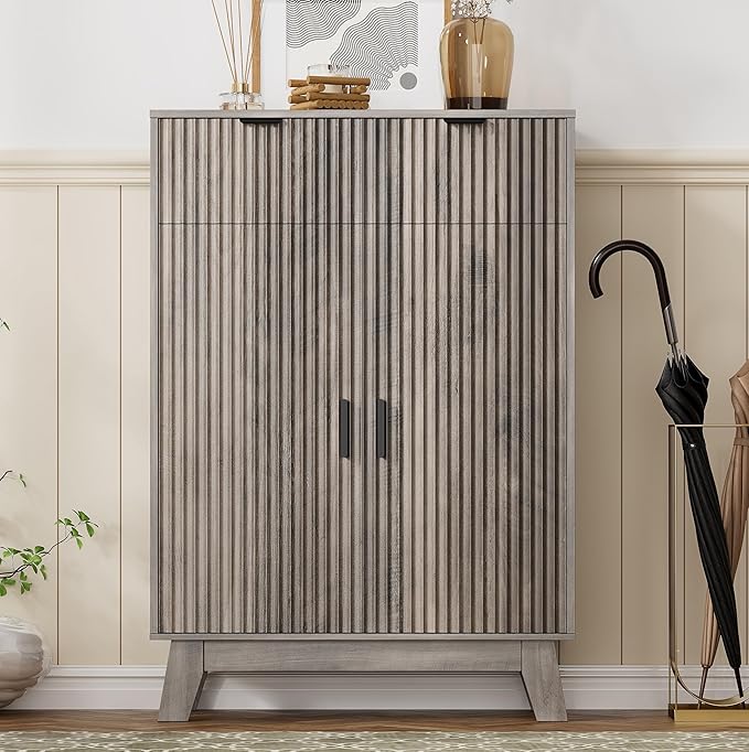 Shoe Cabinet Storage for Entryway, 4 Tier Fluted Shoe Storage Cabinet with 2 Drawers, Narrow Hidden Shoe Organizer with Adjustable Shelves, Freestanding Shoe Rack for Entryway, Hallway, Grey