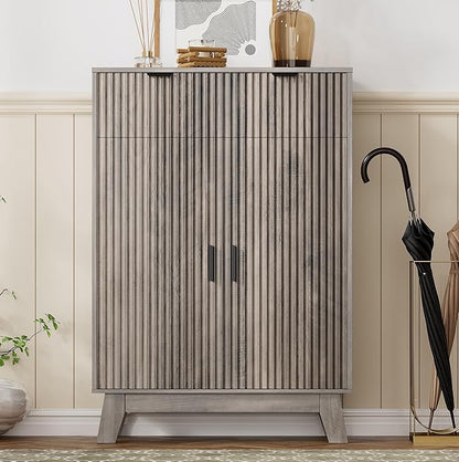 Shoe Cabinet Storage for Entryway, 4 Tier Fluted Shoe Storage Cabinet with 2 Drawers, Narrow Hidden Shoe Organizer with Adjustable Shelves, Freestanding Shoe Rack for Entryway, Hallway, Grey