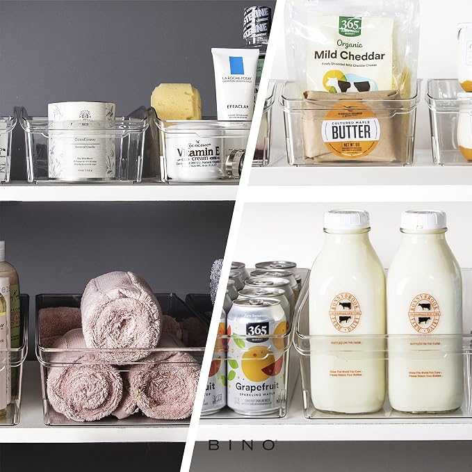 BINO | Plastic Storage Bins, Large | THE CURVE COLLECTION | Multi-Use Fridge / Freezer Organizer | Built-In Handle | BPA-Free | Pantry and Home Organization