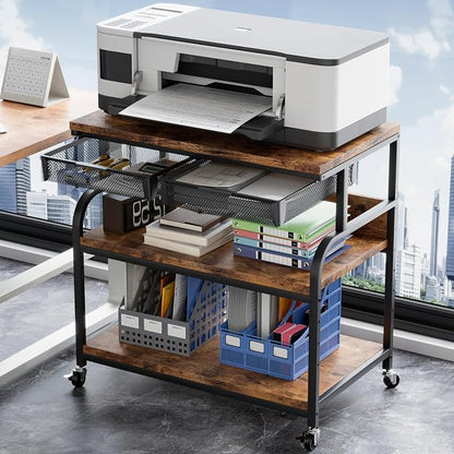 EasyCom 32.3"x18.9" Extra Large Printer Stand with Double Drawers, 5-Adjustable Heights 3 Tier Table with Wheels, Rolling Printer Cart with Storage for Printer Scanner Fax Home Office Use