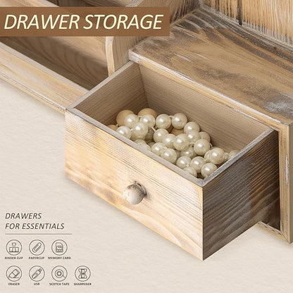 Rebee Vision Pine Wood Key Holder Wall Mount with Mail Sorter - Decorative Entryway Mail Organizer Wall Mounted with Key Hooks and Drawer Organizer - Home Essentials for Room Decor (Natural Wood)
