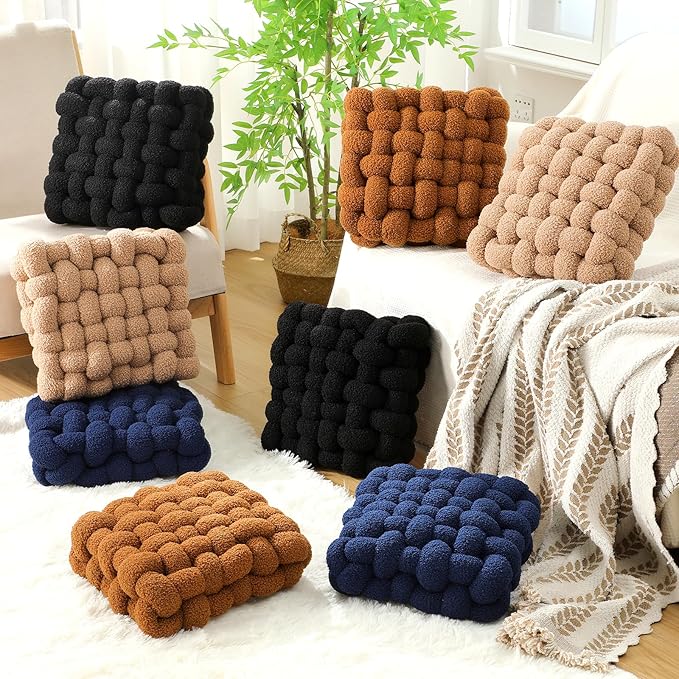 Wenqik 2 Pcs Knot Pillows Square Knotted Plush Throws Soft Accent Pillows Decoration Cushion for Couch Home Office Living Room Bedroom Bed Sofa Decor, 12'' x 13''(Caramel,Lambswool)