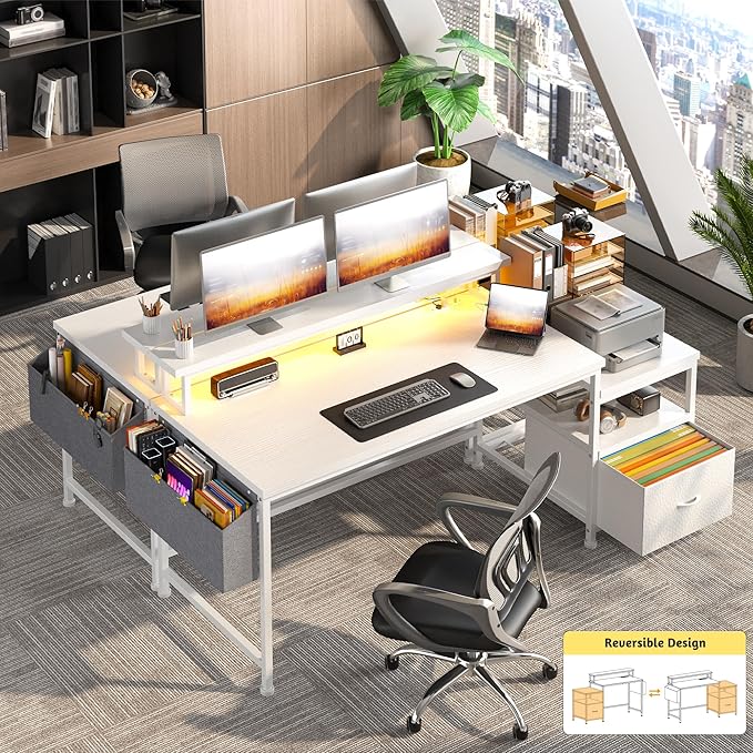 Computer Desk with Drawers,Office Desk with Printer Shelf & Monitor Stand,Gaming Desk with Power Outlets & LED Lights,Corner Table with Side Storage Bag, White