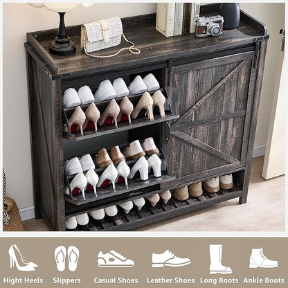 OKD Shoe Storage Cabinet with 2 Flip Drawers & Sliding Door, Farmhouse Entryway Shoe Organizer, Freestanding Rustic Hidden Shoe Rack Cabinet for Entryway, Dark Rustic Oak