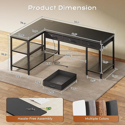 PRAISUN 55 Inch L Shaped Office Desk with Power Outlets and Type-C Port, Large Computer Gaming Desk with 3 Fabric Drawers, Mesh Shelves, Corner Study Work Writing Desk, Black
