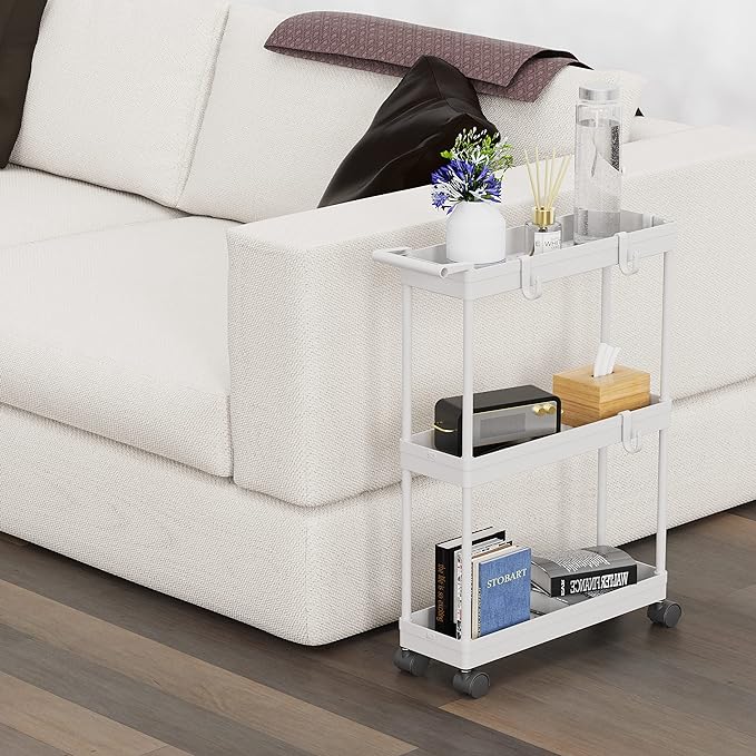 Simple Houseware 3-Tier Slim/Narrow Storage Cart with Handle, 5.5'' Wide x 27.5'' Height Rolling Organizer for Kitchen, Bathroom, Laundry Room - White