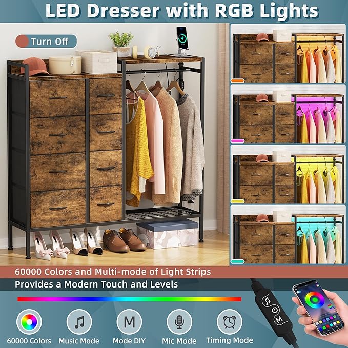 Dresser with Hanging Rack, 8-Drawer Dresser for Bedroom with Charging Station & LED Lights, Kids Dressers with Shoe Rack, Rustic Brown, 11.8" D x 42" W x 42.7" H (8 Drawers)