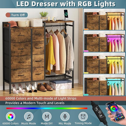 Dresser with Hanging Rack, 8-Drawer Dresser for Bedroom with Charging Station & LED Lights, Kids Dressers with Shoe Rack, Rustic Brown, 11.8" D x 42" W x 42.7" H (8 Drawers)
