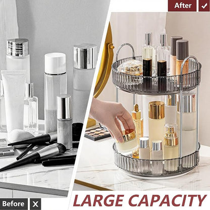 INVSSENE 360° Rotating Makeup Organizer, Bathroom Make Up Spinning Holder Rack, Large Capacity Cosmetics Storage Vanity Shelf Countertop, Fits Cosmetics, Perfume, Skincare, Lipsticks(2 Tiers, Gray)