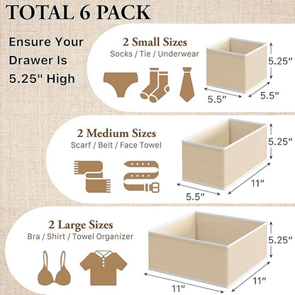 Simple Houseware Underwear Drawer Organizer for Lingerie/Undergarment/Bra/Panty/Sock/Onesie, Set of 6, Beige