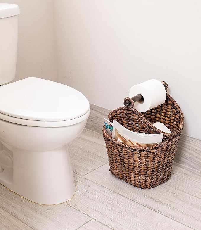 BIRDROCK HOME Seagrass Magazine and Bathroom Basket - Hand Woven Toilet Paper Holder with Pocket - Grey Wash - Stylish Decorative Design - Wooden Basket Décor - Dispenser