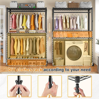 Raybee Rolling Clothes Rack with Cover, 81" H Heavy Duty Clothing Rack with Adjustable Shelves, Portable Wardrobe Closet with Visible Window, Double Rod Garment Rack on Wheels, Max Load 440LBS, Black