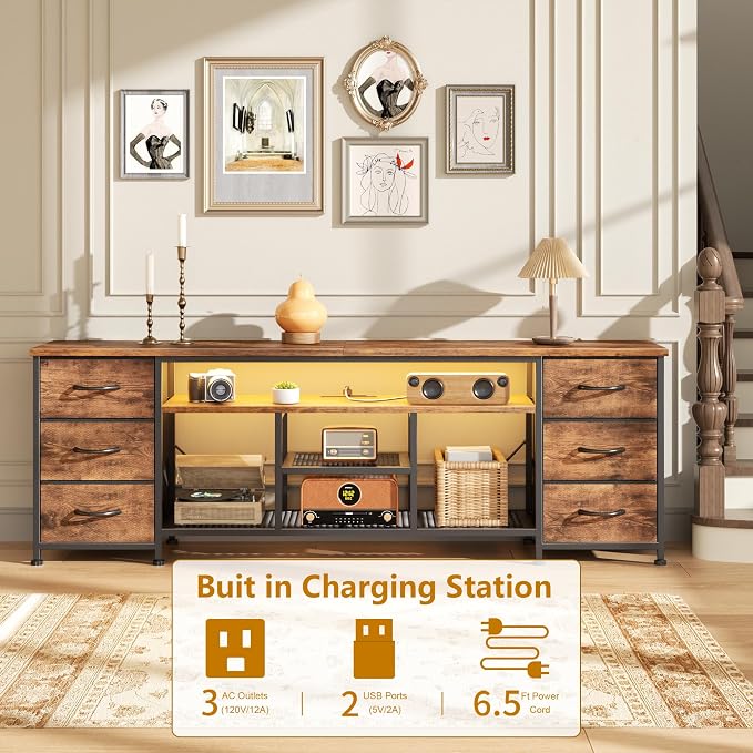 Furologee LED TV Stand for 65, 75, 80 Inch TV, 71 Inch Entertainment Center with Power Outlets, 6 Fabric Drawers Dresser for Bedroom, Media Console with Open Shelves, Rustic Brown