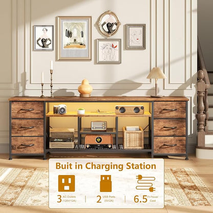 Furologee LED TV Stand for 65, 75, 80 Inch TV, 71 Inch Entertainment Center with Power Outlets, 6 Fabric Drawers Dresser for Bedroom, Media Console with Open Shelves, Rustic Brown