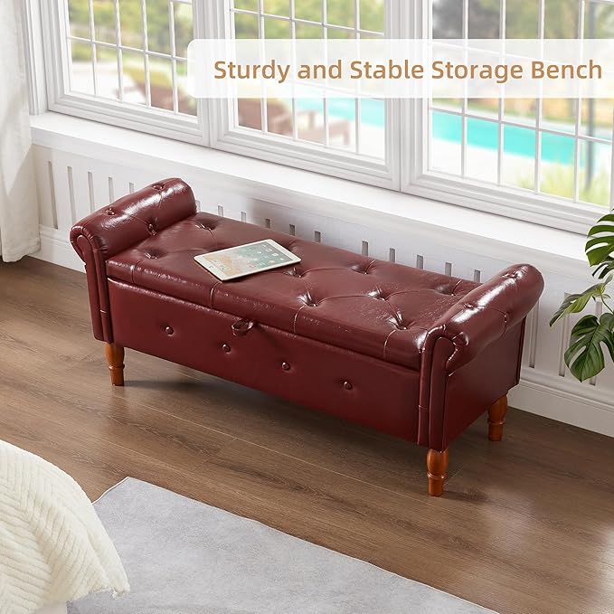 Storage Ottoman Bench, 50" Modern Upholstered End of Bed Bench, Faux Leather Rolled Armed Button-Tufted Ottoman with Storage for Living Room, Entryway, Window, Burgundy