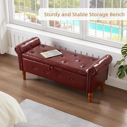 Storage Ottoman Bench, 50" Modern Upholstered End of Bed Bench, Faux Leather Rolled Armed Button-Tufted Ottoman with Storage for Living Room, Entryway, Window, Burgundy
