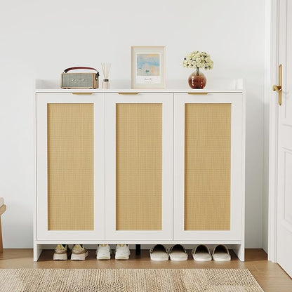 Shoe Cabinet, 41" Tall Rattan Shoe Storage Organizer Cabinet, Adjustable Shelves, 6-Tier Farmhouse Boho Wooden Storage Cabinet for Entryway Hallway Closet Bedroom,White