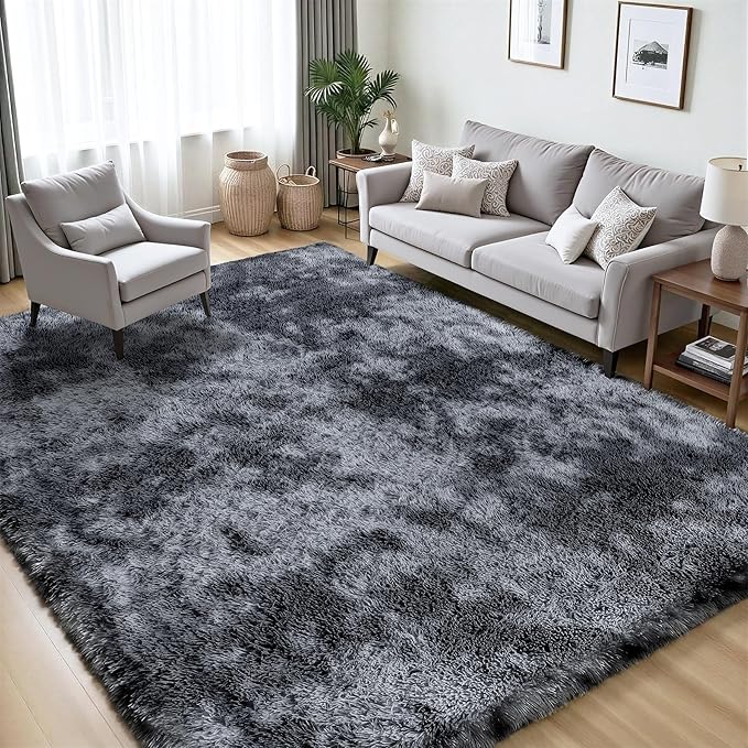 Area Rug for Living Room Bedroom: 5x7 Black Grey Soft Fluffy Shag Upgrade Non-Slip High Pile Carpet Large Fuzzy Plush Indoor Floor Decor Shaggy Rug for Kid Boys Girls Playroom Nursery Modern Home