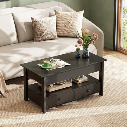 WLIVE Coffee Table, Lift Top Coffee Table with 2 Drawers, Large Hidden Compartment and Open Storage Shelf, Lift Tabletop, Dining Table for Living Room, Black