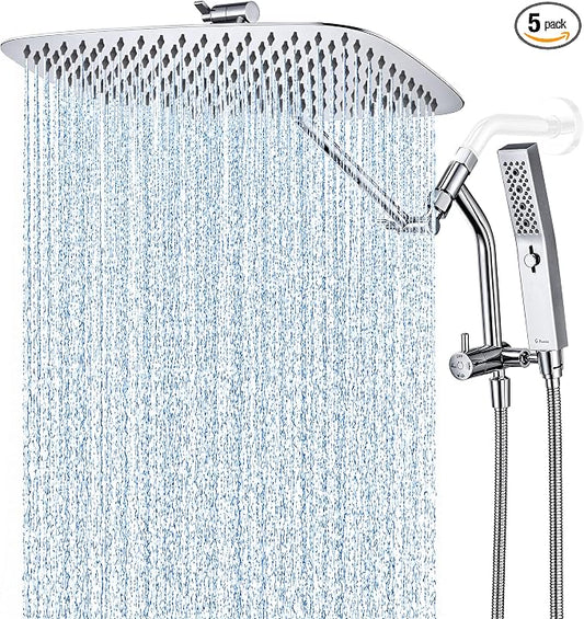 G-Promise All Metal 14 Inch Rain Shower Head with Massage Mode Handheld Spray Combo, 3-Way Diverter with Pause Setting, Full Body Coverage, Modern Bathroom Upgrade (Chrome)