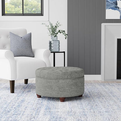 Homepop Home Decor |Button Tufted Woven Round Storage Ottoman | Ottoman with Storage for Living Room & Bedroom (Gray Woven)