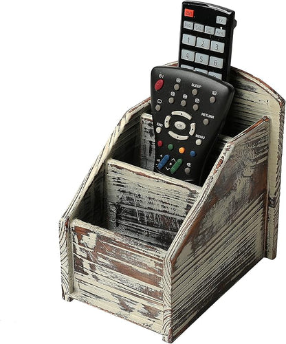 MyGift Rustic Torched Wood Remote Control Holder for Table with 3 Compartments, Living Room TV Media Organizer