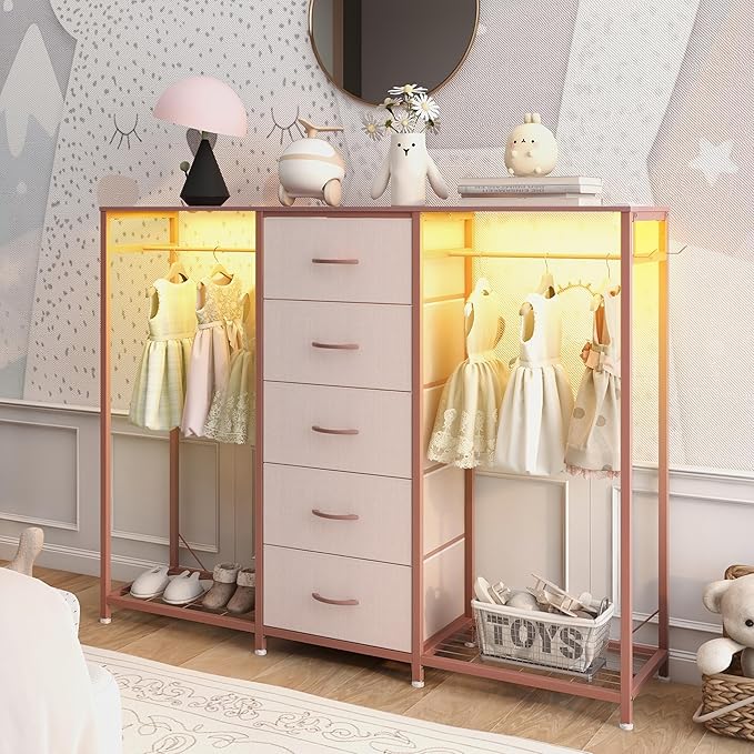 Dresser for Bedroom with Clothes Rack 5 Drawer Dresser with Charging Station LED Lights White Chest of Drawers Flexible Shelf and Open Storage Space for Bedroom Living Room (Pink)