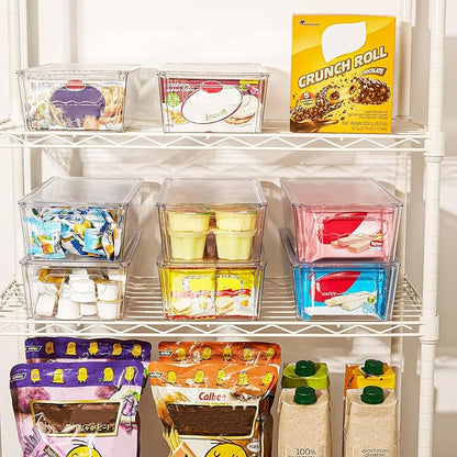 Vtopmart 2pcs Clear Organizers and Storage Bins with Lids, Stackable Plastic Storage Containers with Handles for Fridge, Freezer, Pantry, Cabinet, Kitchen Organization